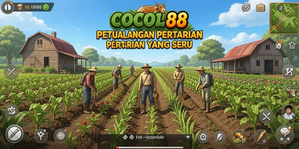 Tampilan gameplay COCOL88 dengan ladang dan hewan ternak yang ceria.