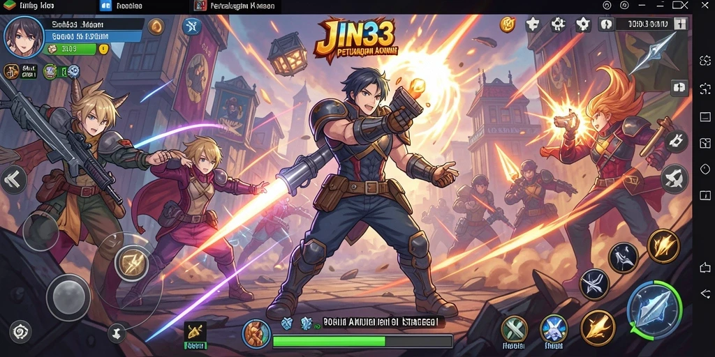Tampilan gameplay JIN33 yang menampilkan pertempuran seru dan karakter anime.