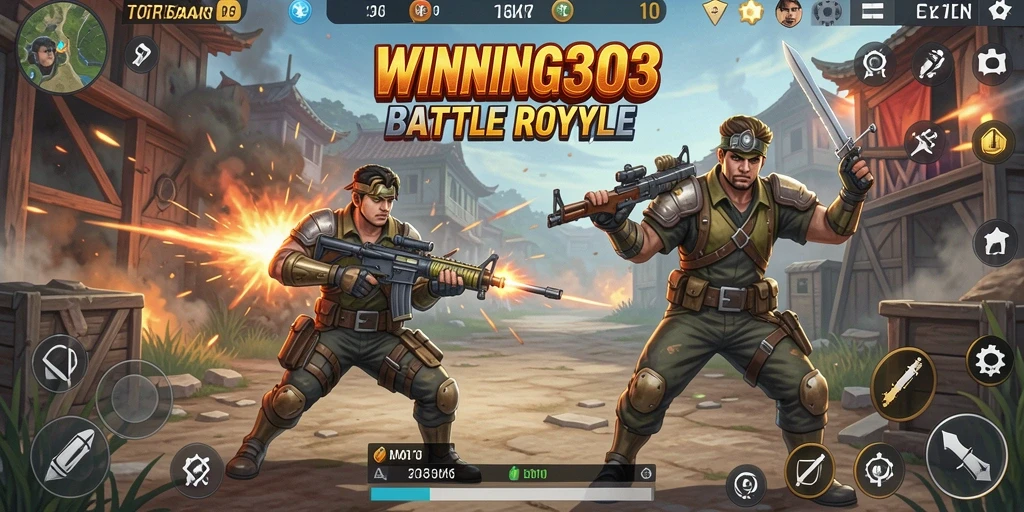 Screenshot gameplay WINNING303 menunjukkan pertarungan intens dalam arena Battle Royale.